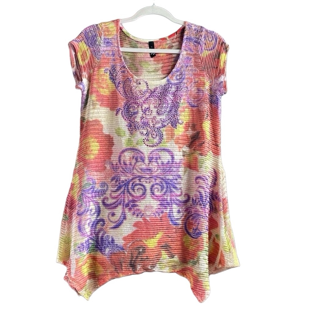 Ing Ladies Floral Beaded Top, Size Small, Orange Floral Multicolor